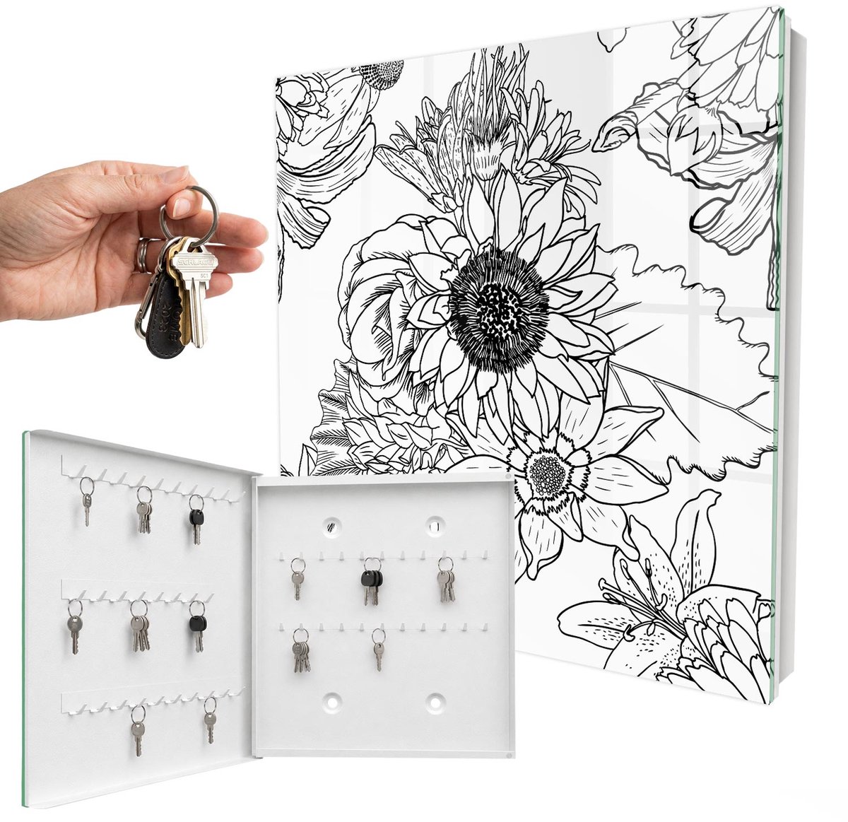 WallMuralia - Sleutelkast - 30x30x5 cm - met 50 haken - Zwart-Witte Bloemen Sleutelkastje Industrieel - Zwart-Wit Sleutelbox - Linksopenend - Wit interieur