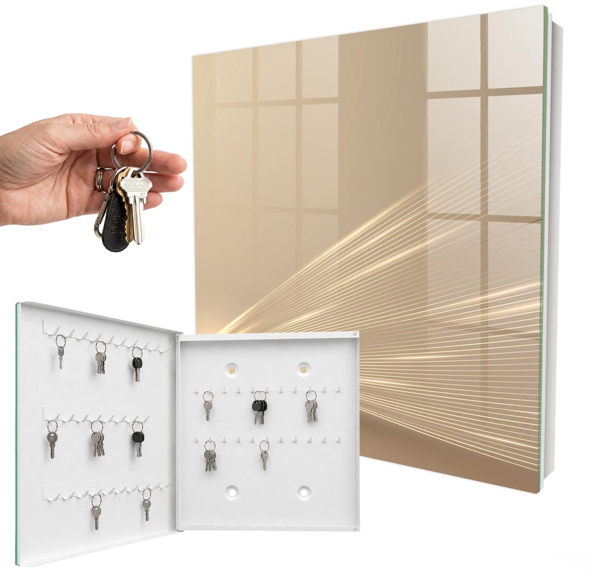 WallMuralia - Sleutelkast - 30x30x5 cm - met 50 haken - Minimalistische Lijnen Sleutelkastje Landelijk - Beige Sleutelbox - Linksopenend - Wit interieur
