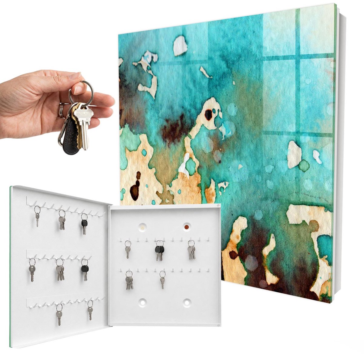 WallMuralia - Sleutelkast - 30x30x5 cm - met 50 haken - Turquoise Abstractie Sleutelkastje Muur - Turkoois Sleutelbox - Linksopenend - Wit interieur