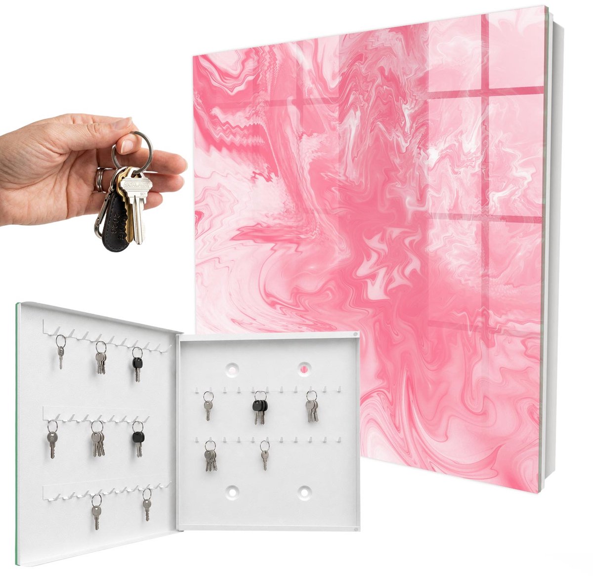 WallMuralia - Sleutelkast - 30x30x5 cm - met 50 haken - Roze Zephyr Leuk Sleutelkastje - Roze Sleutelbox - Linksopenend - Wit interieur