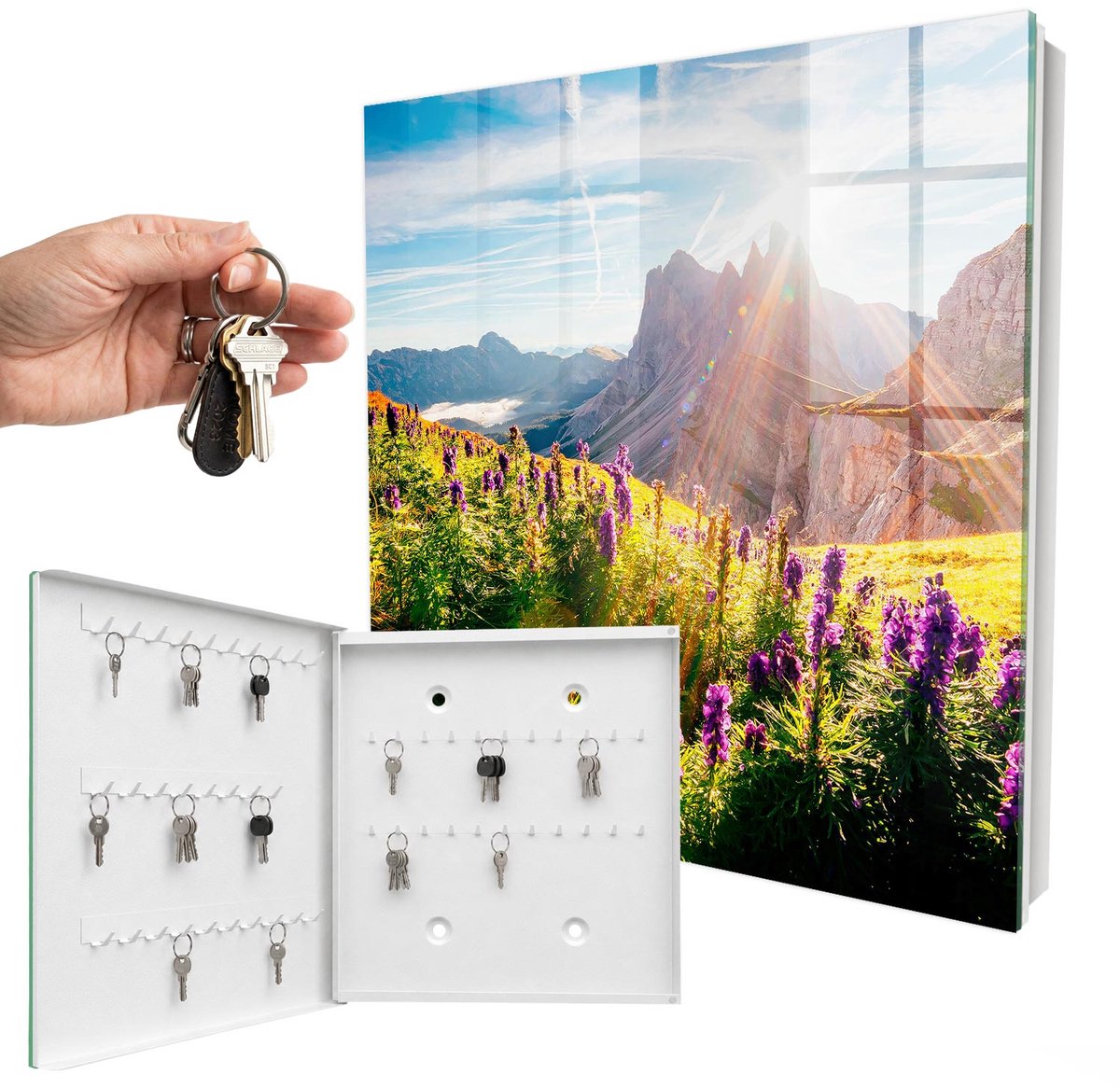 WallMuralia - Sleutelkast - 30x30x5 cm - met 50 haken - Idylle In De Bergen Groot Sleutelkastje - Groente Sleutelbox - Linksopenend - Wit interieur