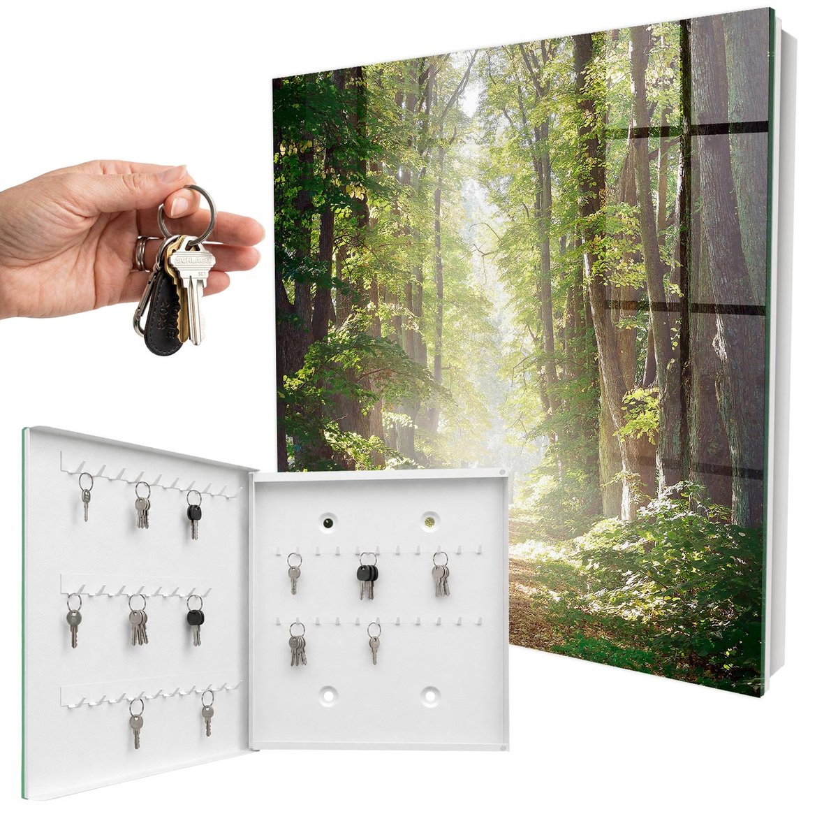 WallMuralia - Sleutelkast - 30x30x5 cm - met 50 haken - Boslandschap Design Sleutelkastje - Groente Sleutelbox - Linksopenend - Wit interieur