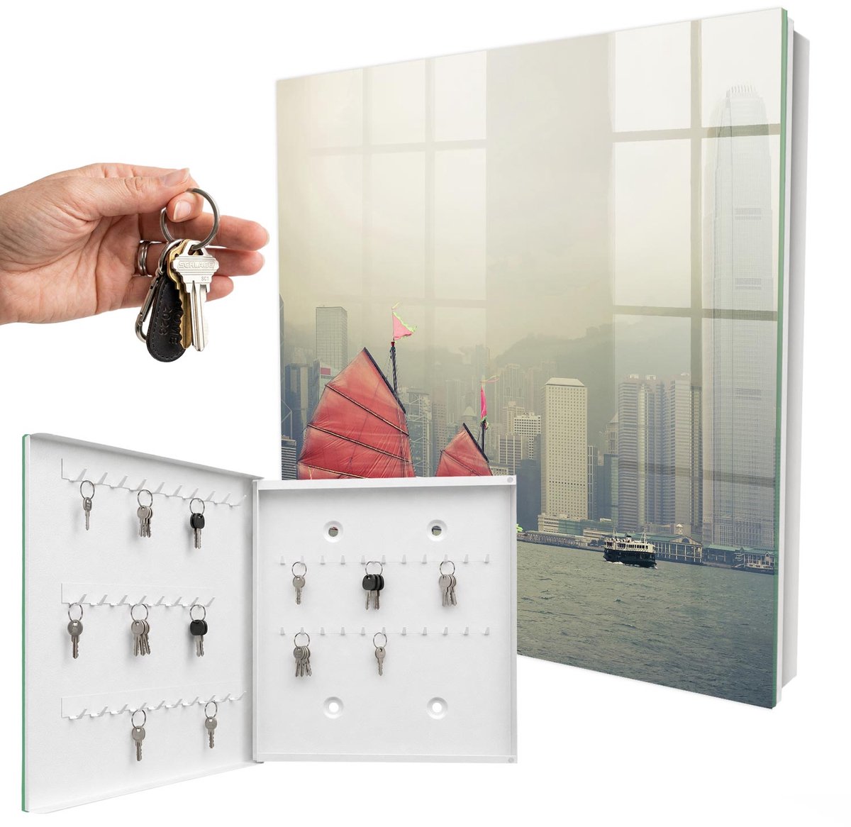 WallMuralia - Sleutelkast - 30x30x5 cm - met 50 haken - Nostalgie Naar De Stad Leuk Sleutelkastje - Grijs Sleutelbox - Linksopenend - Wit interieur