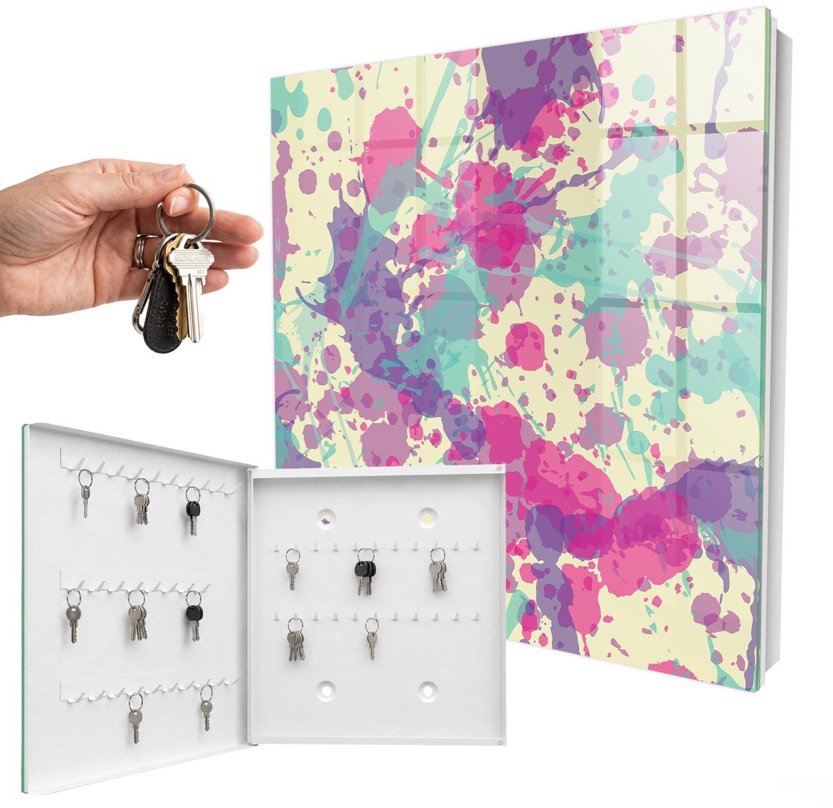 WallMuralia - Sleutelkast - 30x30x5 cm - met 50 haken - Kleurrijke Chaos Sleutelkastje Industrieel - Roze Sleutelbox - Linksopenend - Wit interieur