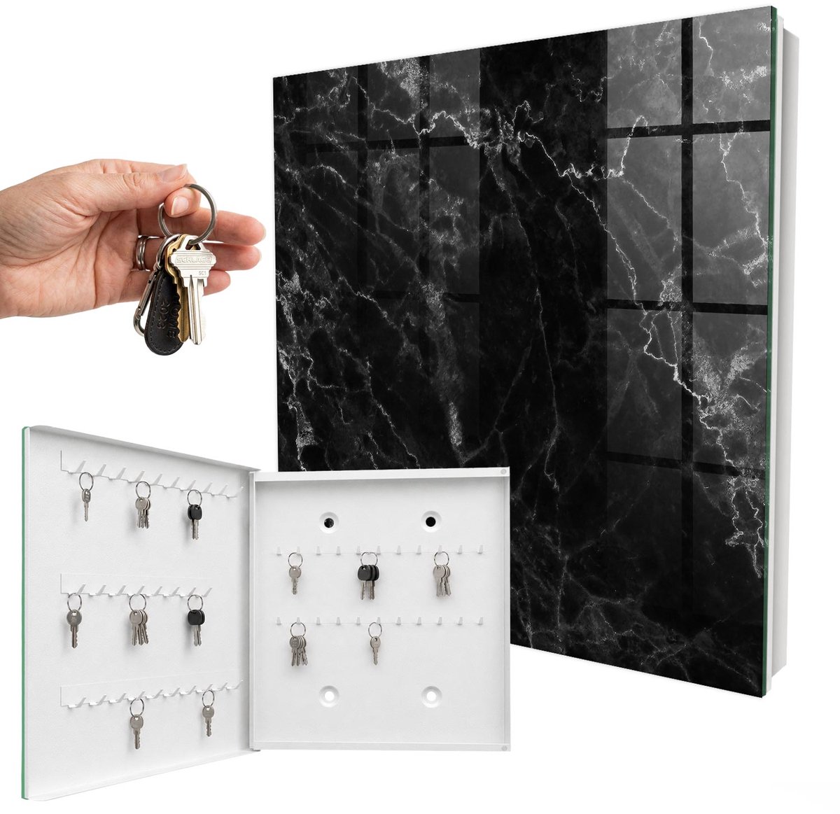 WallMuralia - Sleutelkast - 30x30x5 cm - met 50 haken - Marmer Diepte Sleutelkastje Modern - Zwart Sleutelbox - Linksopenend - Wit interieur
