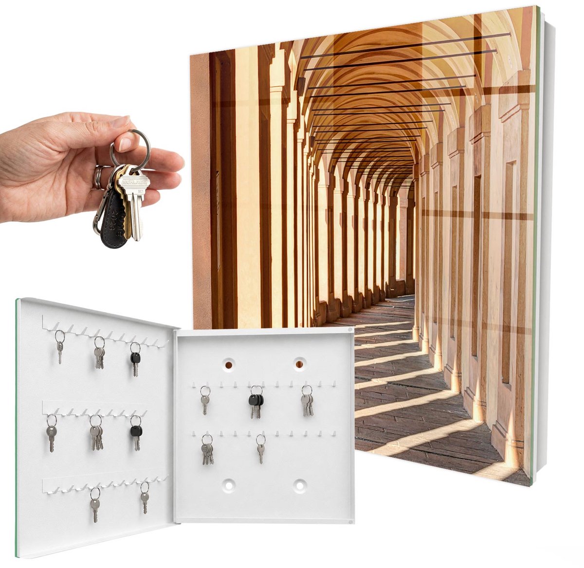 WallMuralia - Sleutelkast - 30x30x5 cm - met 50 haken - Architectonische Elegantie Sleutelkastje Huis - Beige Sleutelbox - Linksopenend - Wit interieur