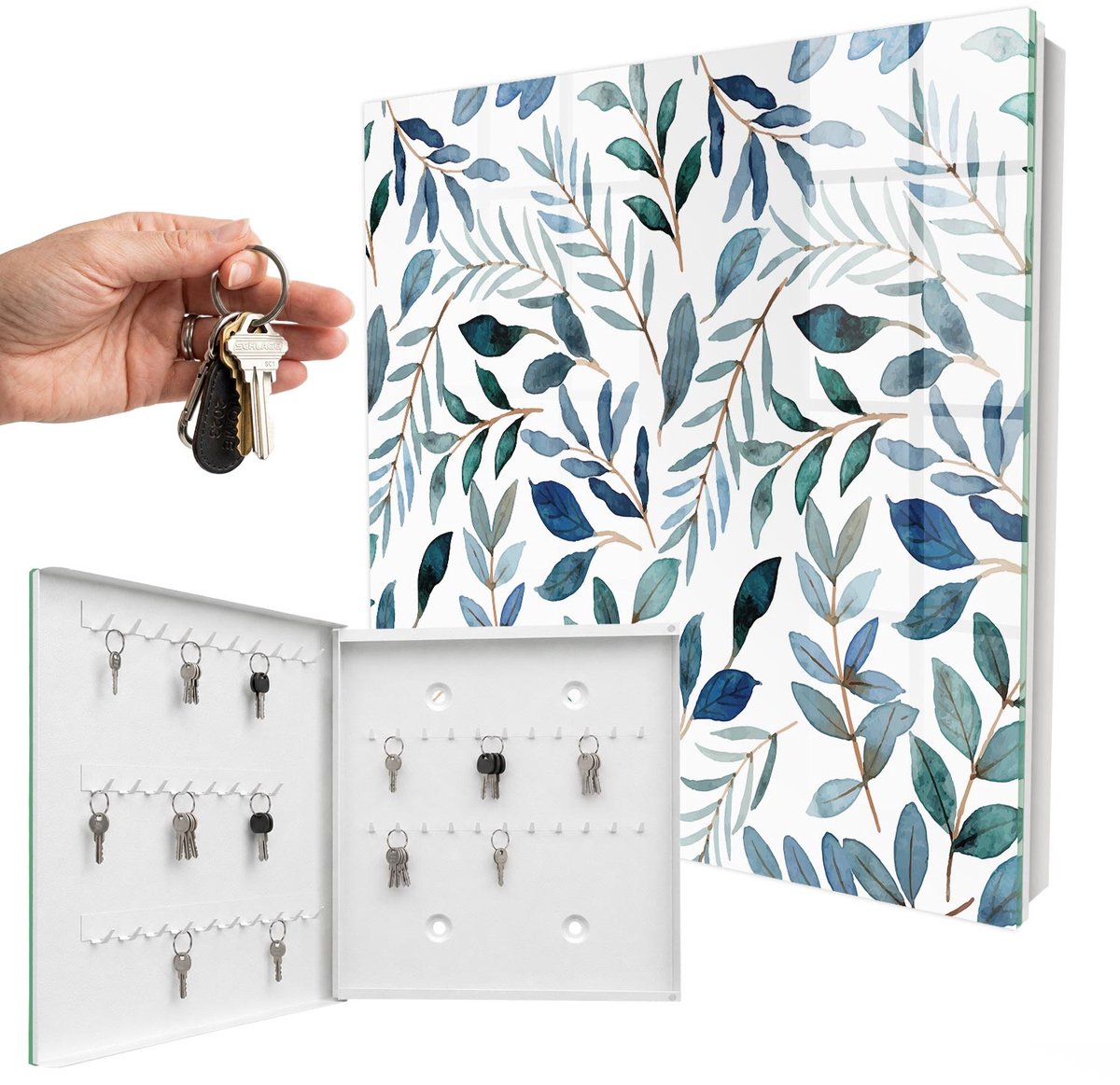 WallMuralia - Sleutelkast - 30x30x5 cm - met 50 haken - Plantaardige Aquarelverf Sleutelkastje Industrieel - Blauw Sleutelbox - Linksopenend - Wit interieur