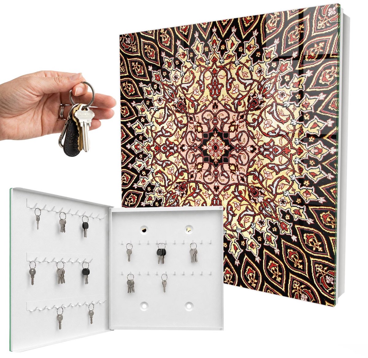 WallMuralia - Sleutelkast - 30x30x5 cm - met 50 haken - Complexe Patronen Leuk Sleutelkastje - Beige Sleutelbox - Linksopenend - Wit interieur