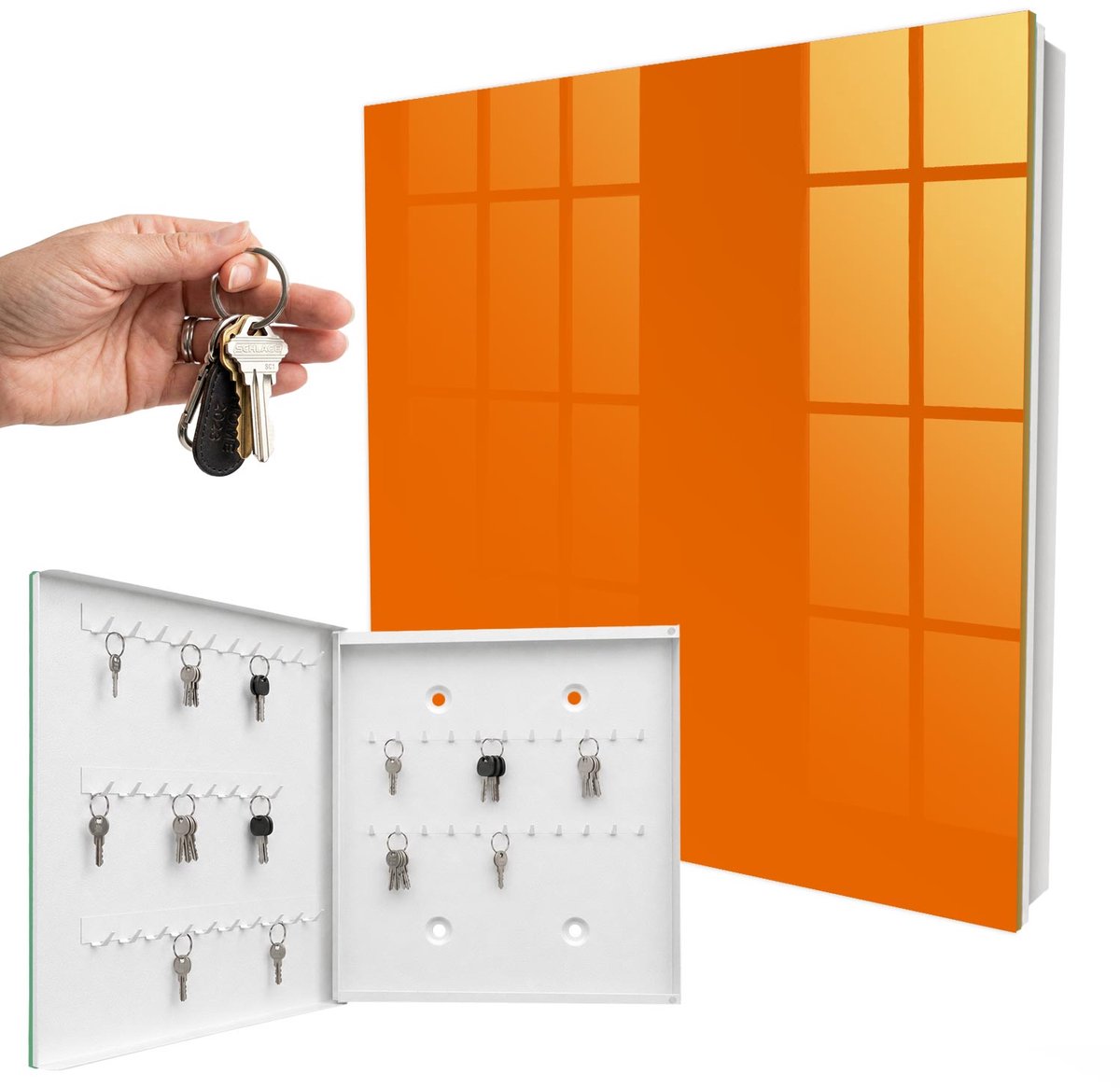 WallMuralia - Sleutelkast - 30x30x5 cm - met 50 haken - Sterk Oranje Sleutelkastje Voor Binnen - Oranje Sleutelbox - Linksopenend - Wit interieur