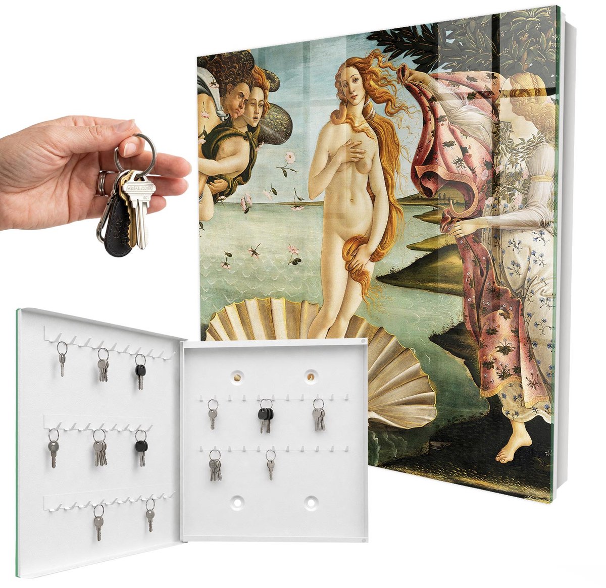 WallMuralia - Sleutelkast - 30x30x5 cm - met 50 haken - De Geboorte Van Venus Groot Sleutelkastje - Groente Sleutelbox - Linksopenend - Wit interieur