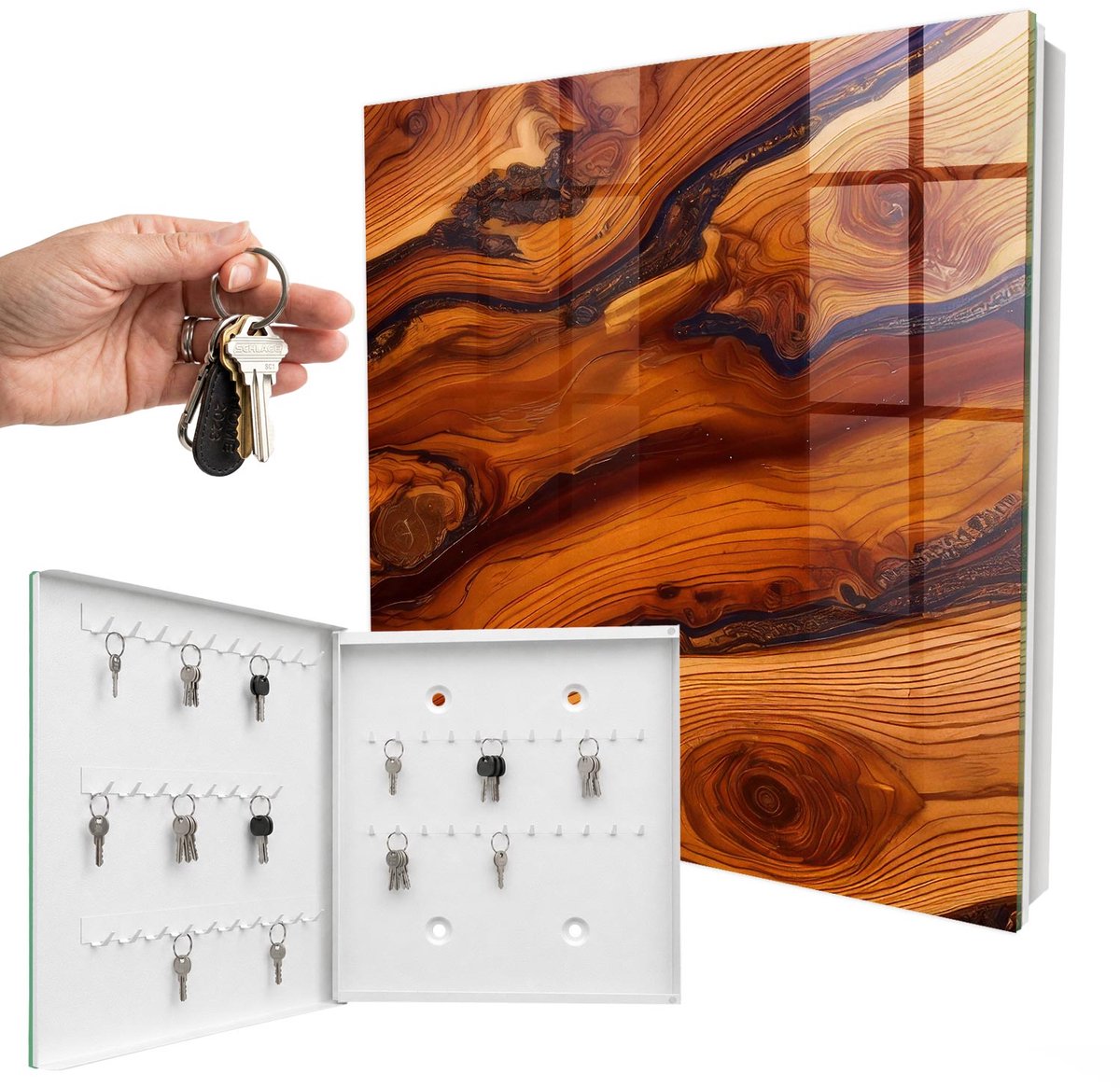 WallMuralia - Sleutelkast - 30x30x5 cm - met 50 haken - Houtessentie Sleutelkastje Muur - Bruin Sleutelbox - Linksopenend - Wit interieur