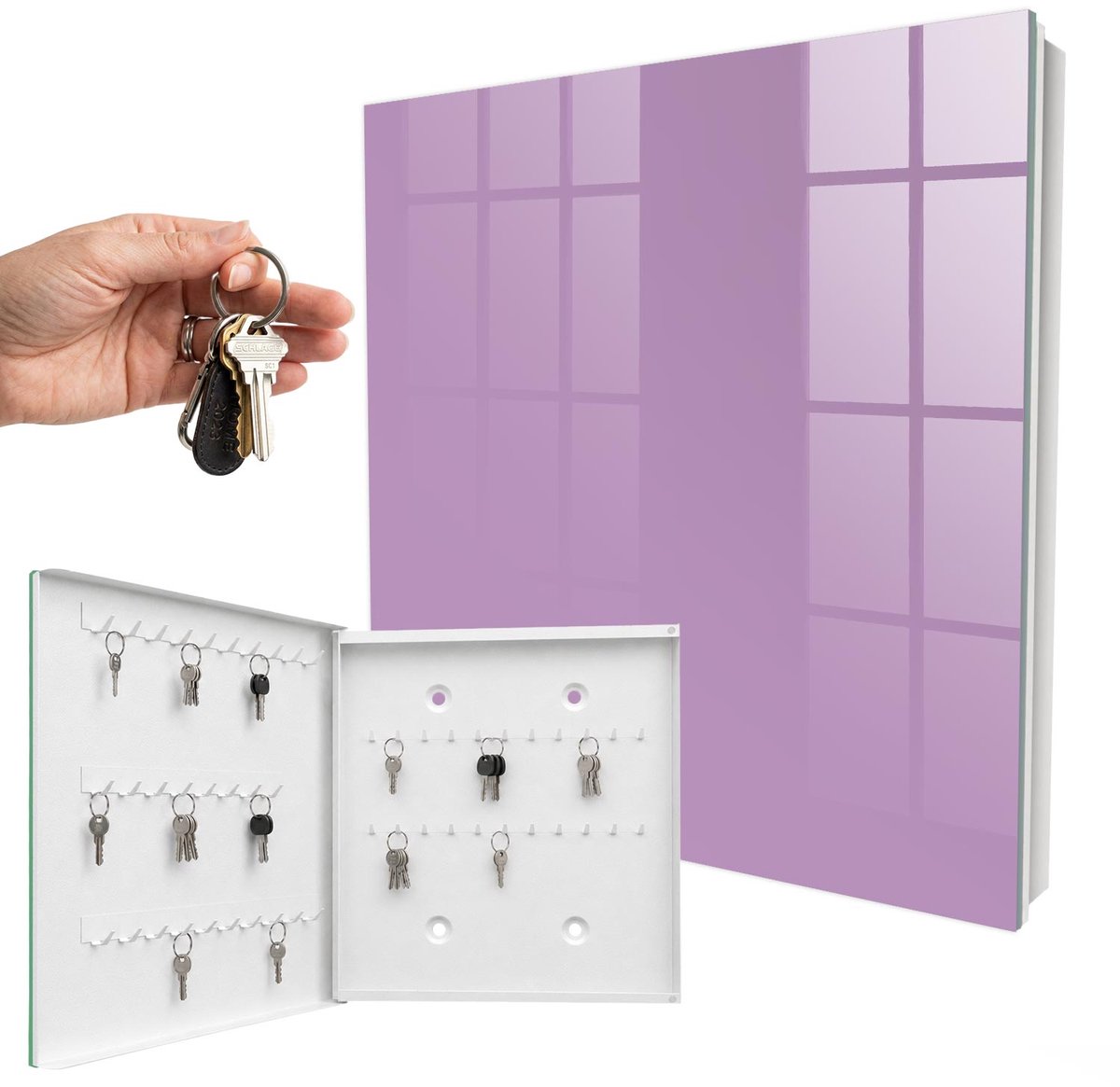 WallMuralia - Sleutelkast - 30x30x5 cm - met 50 haken - Lichtpaars Sleutelkastje Voor Binnen - Paars Sleutelbox - Linksopenend - Wit interieur