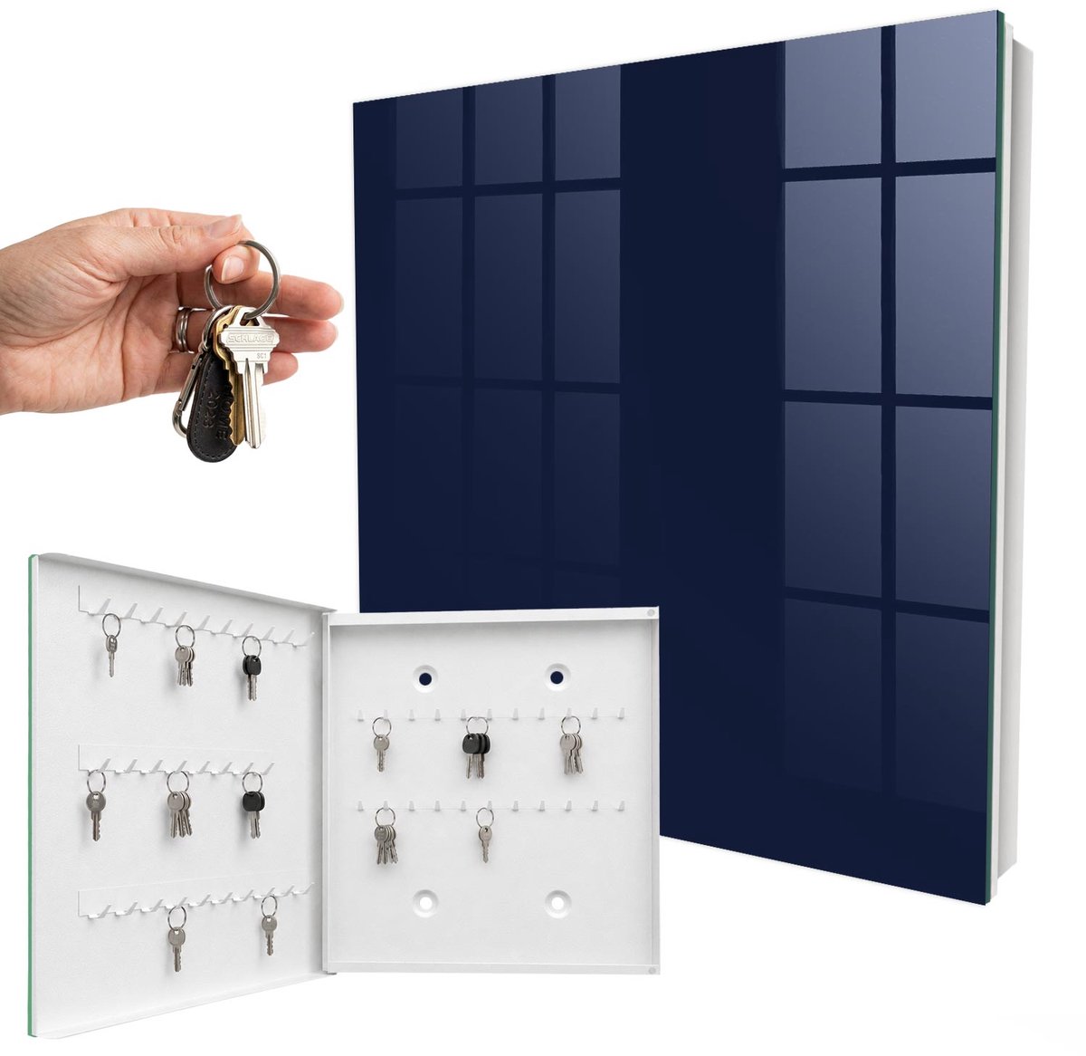 WallMuralia - Sleutelkast - 30x30x5 cm - met 50 haken - Donker Marineblauw Sleutelkastje Modern - Marine Sleutelbox - Linksopenend - Wit interieur