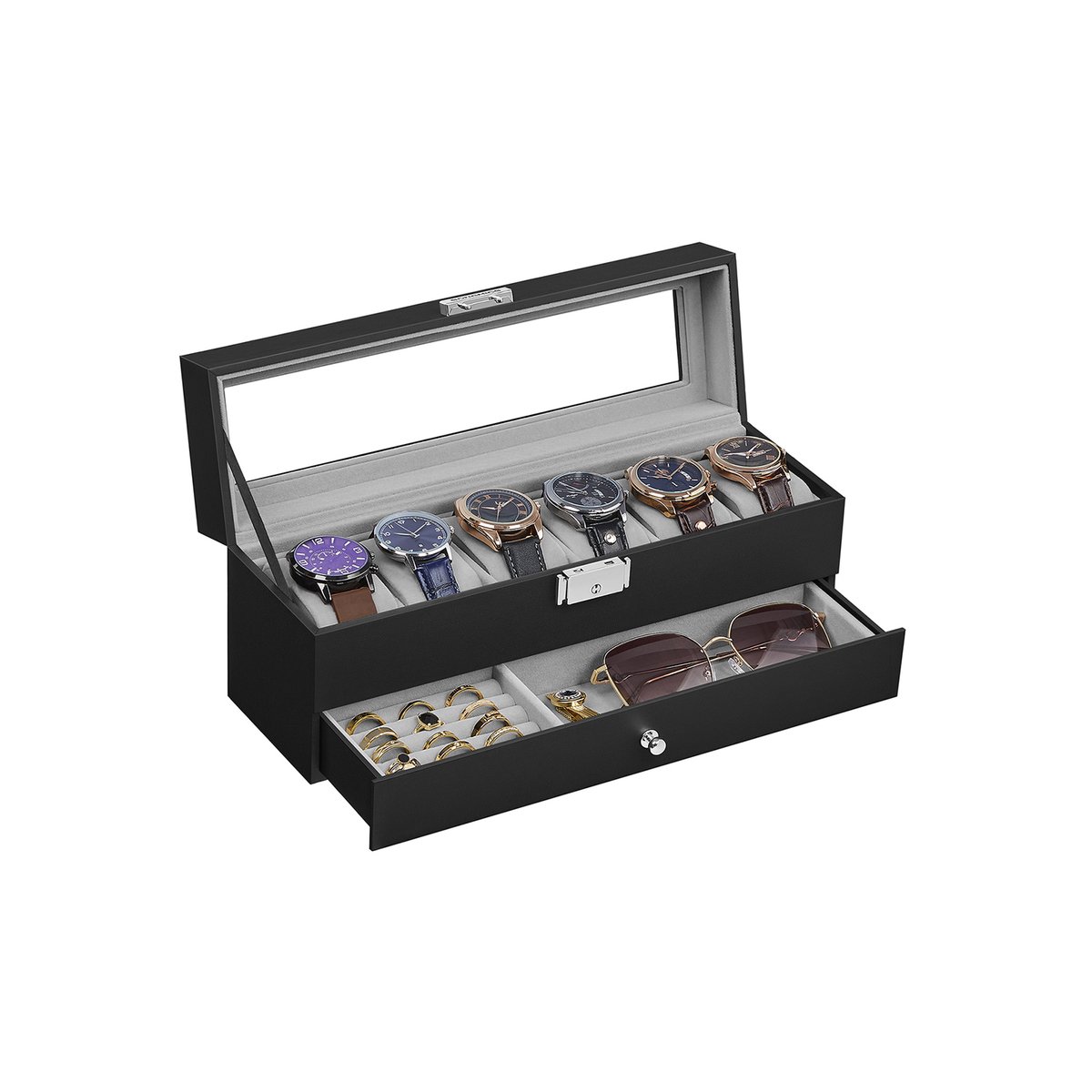 Horlogedoos met 2 compartimenten - PU-bekleding en grijze voering - 10 x 32,5 x 13,5 cm - Zwarte PU