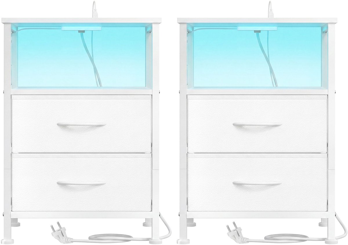 Nachtkastje met ledverlichting en oplaadstation - 30 x 39,6 x 60,4 cm - Wit