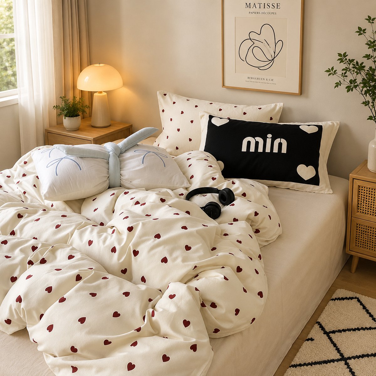 Beddengoedset 135x200 wit met rode hartjes, 2-delig, microvezel, met kussensloop 80x80 cm en ritssluiting