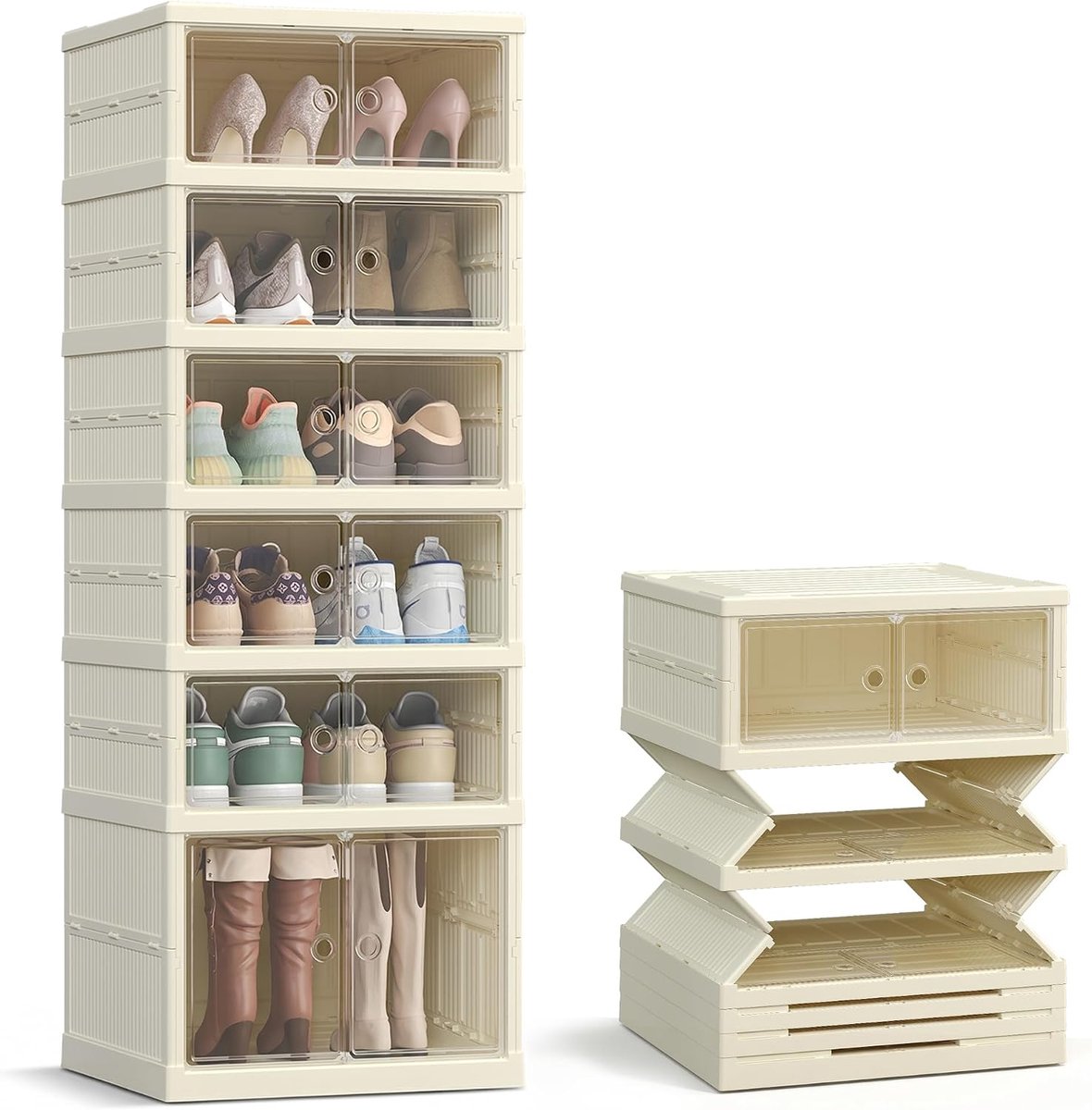 SONGMICS Schoenenkast, smal, opvouwbaar, schoenenrek, organizer, transparante deur, voor 12 paar, voor laarzen, gymschoenen, hal, woonkamer, 6 niveaus, crèmewit
