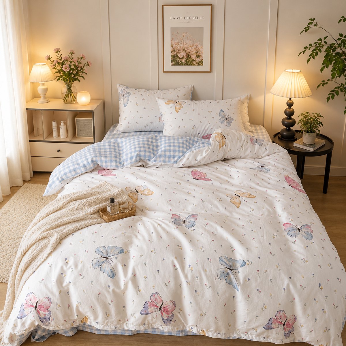 Beddengoed 135 x 200 cm meisjes kinderen blauw wit vlinder dekbedovertrek microvezel met ritssluiting en 1 kussensloop 80 x 80 cm