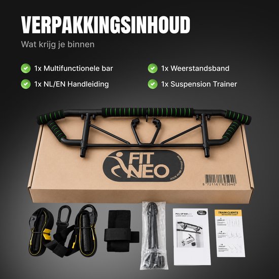 Inhoud van de verpakking: zwarte optrekstang, TRX-banden, weerstandsband, en handleiding.