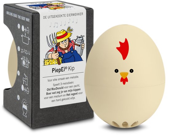 Eivormige kookwekker in de kleur crème, met een rode kuif en gele snavel. De verpakking toont een boer met een zeis.
