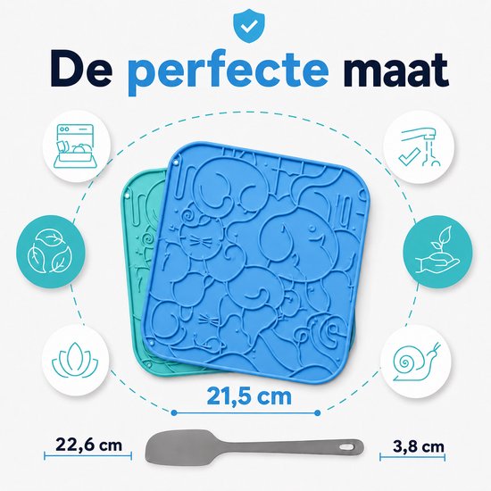 Blauwe en turkooisblauwe likmatten met kattenpatroon, met afmetingen van 21,5 cm en een spatel van 22,6 cm.