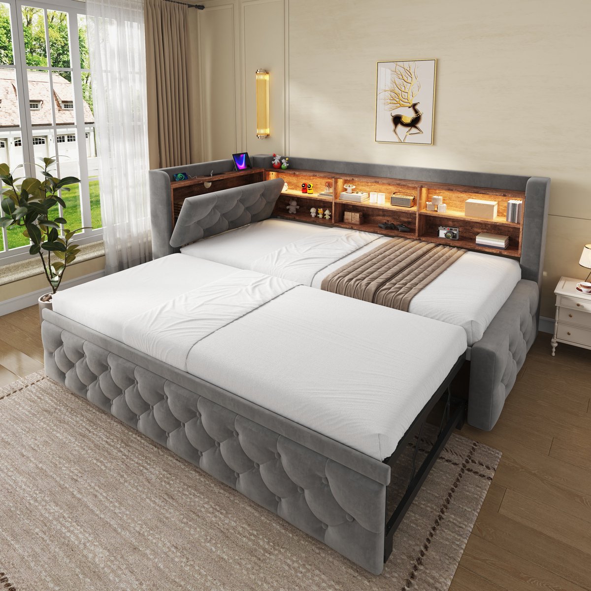 MIVRAY Slaapbank 90x190 cm Zonder Matras - Uitschuifbaar Met Opbergruimte, LED En USB C - Voor Woonkamer En Logeerkamer - Stof - Donkergrijs