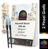 Aquarell Block DIN A4, 300 g/m², 40 vel, inclusief 2 penselen. Opdruk '2 Pinsel Gratis'.