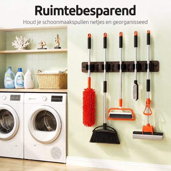 BOTC Bezemhouder - Bezem Ophangsysteem Tuingereedschap - Bezemhouder met 5 Antislip Klemmen - Bruin van BOTC — afbeelding 2