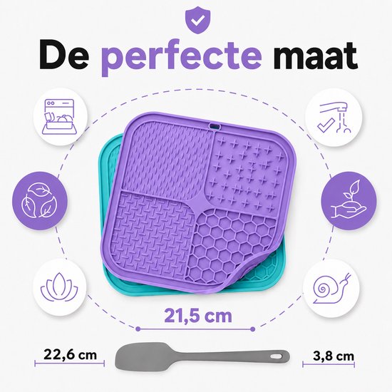 Paarse en blauwe likmatten met verschillende structuren en afmetingen 21,5 cm.