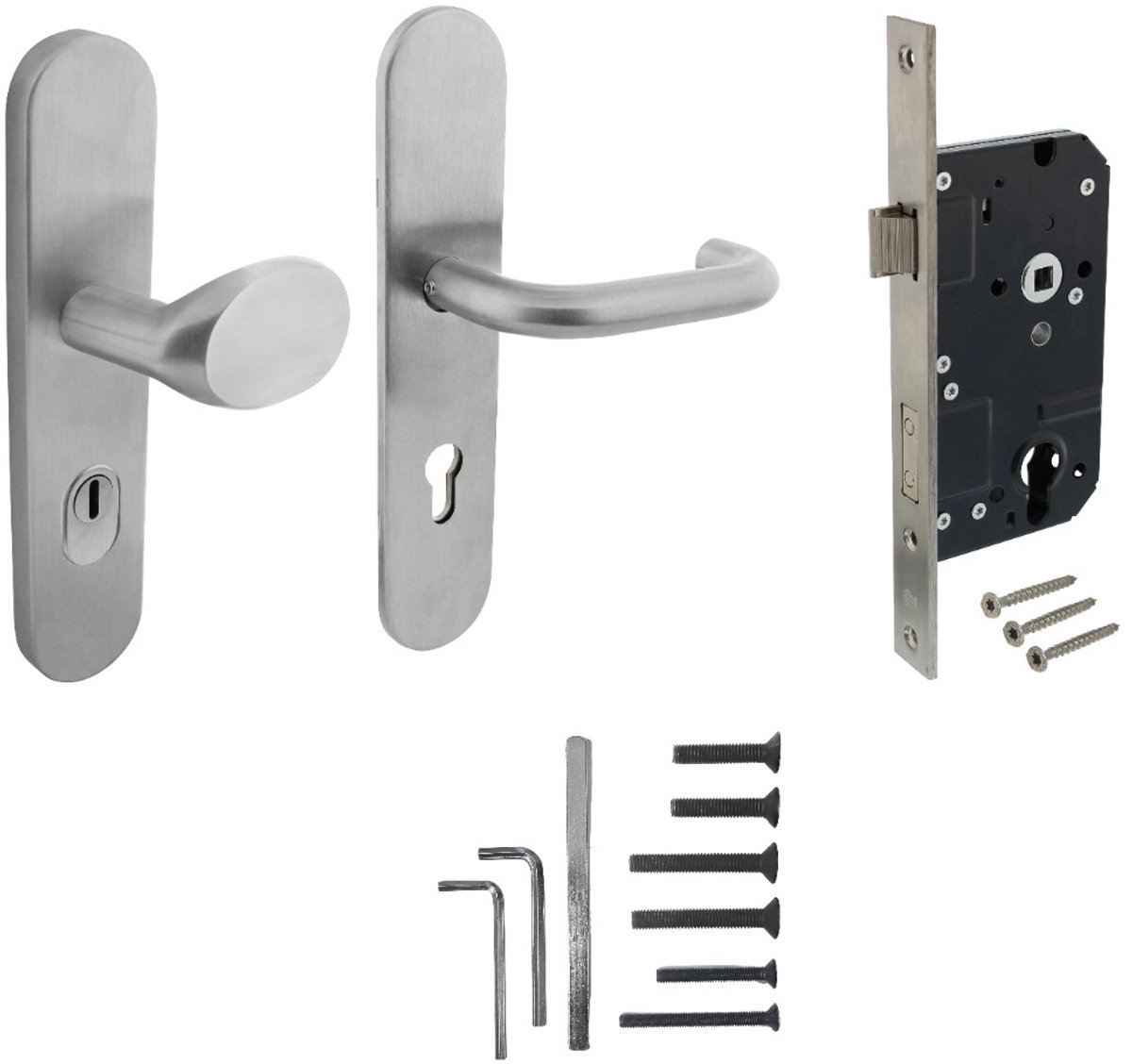 Intersteel Set voordeurbeslag ovaal verdekt: SKG3 veiligheidsbeslag ovaal 255x52mm greep/kruk kt72 met SKG2 slot 72pc rvs