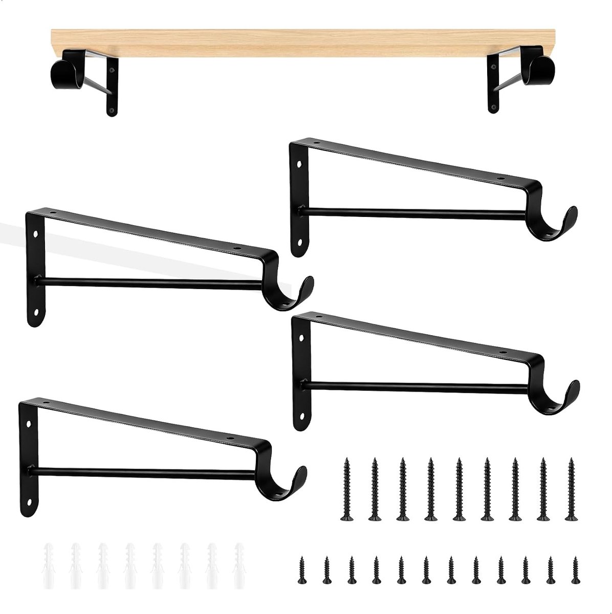 Wandbeugels voor planken, driehoekige muurbeugels met haken, stevige bevestiging voor planken, 4 stuks