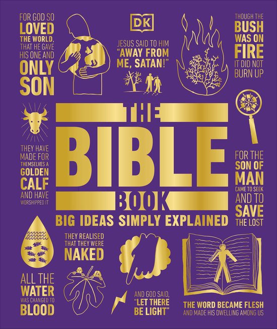 Gouden illustraties en tekst op een paarse achtergrond, met de titel "The Bible Book: Big Ideas Simply Explained".