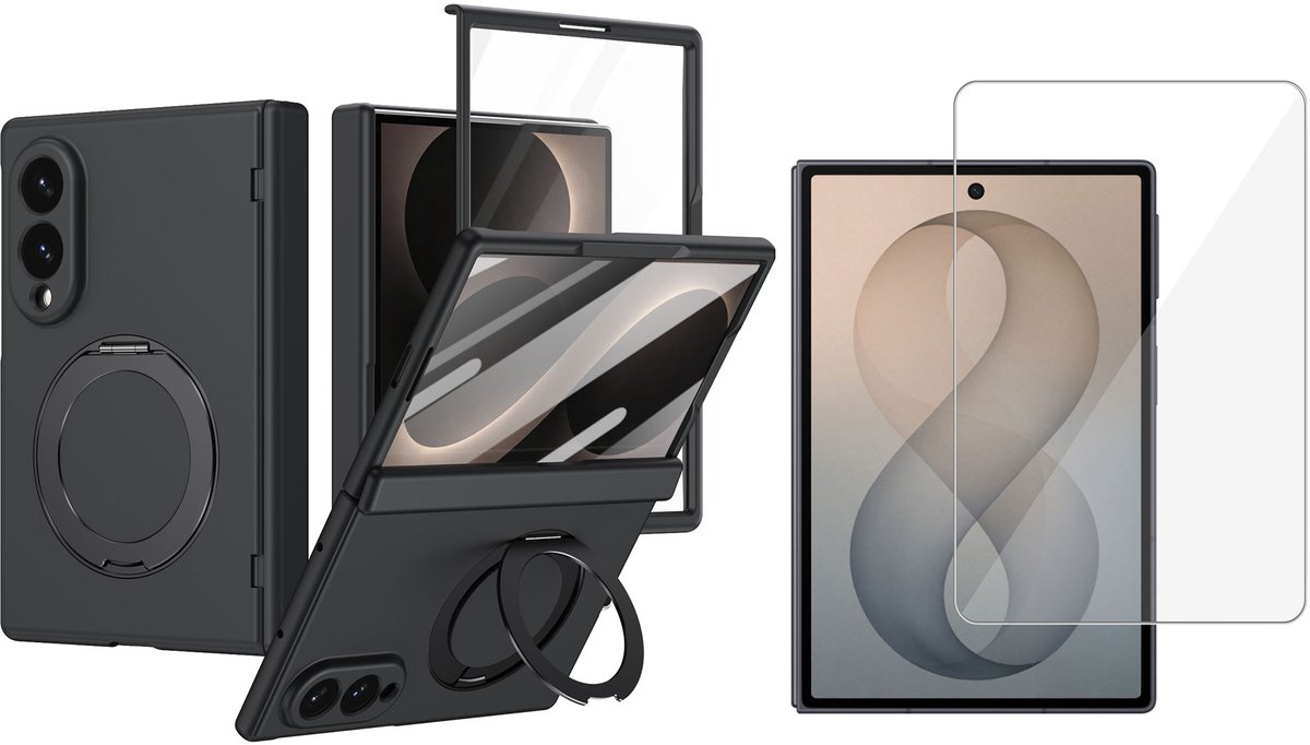 Hoesje met Ringhouder + Screenprotector geschikt voor Samsung Galaxy Z Fold 8 – Geschikt voor MagSafe – Draaibare Kickstand – Draadloos Opladen – Zwart