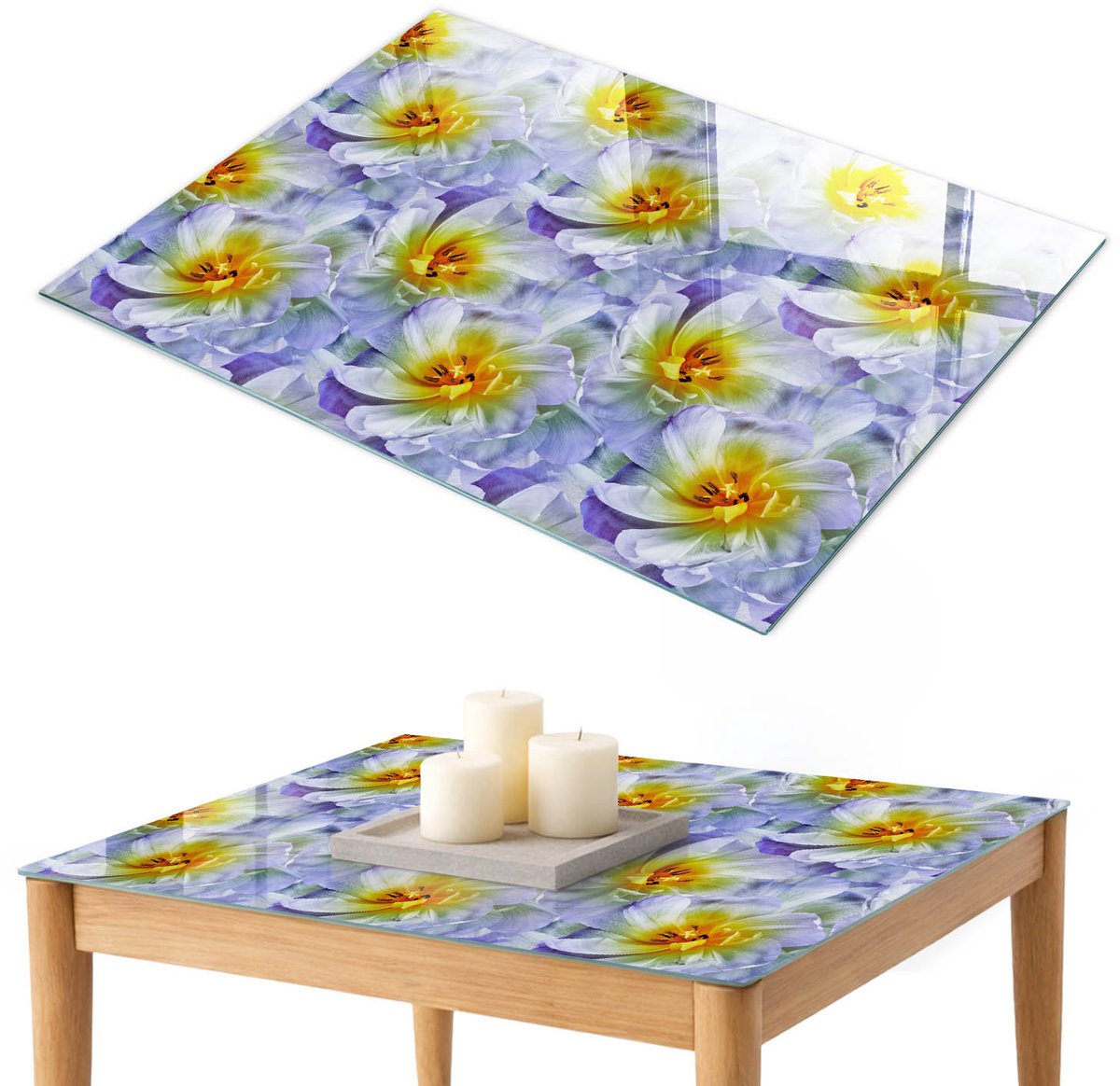 ArtPrintCave Bloemenpatroon Glazen Tafelblad 100x70 cm - Tafelblad Rechthoek - Paars Tafelblad Glas - Bloemen en planten Terrastafel