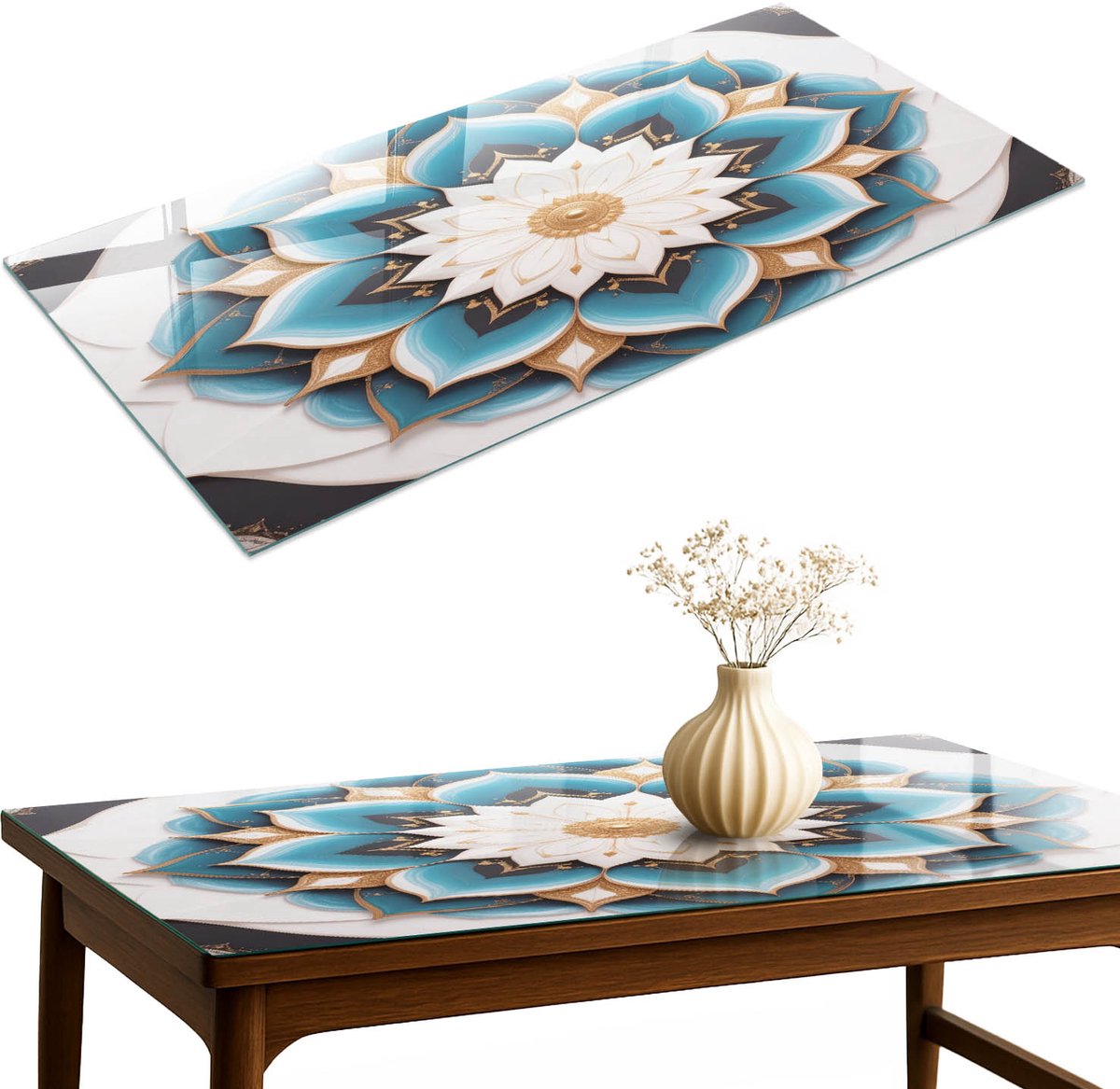 ArtPrintCave Bloemenmandala Glazen Tafelblad 140x70 cm - Tafelblad Rechthoek - Turkoois Keukentafel - Abstractie Terrastafel