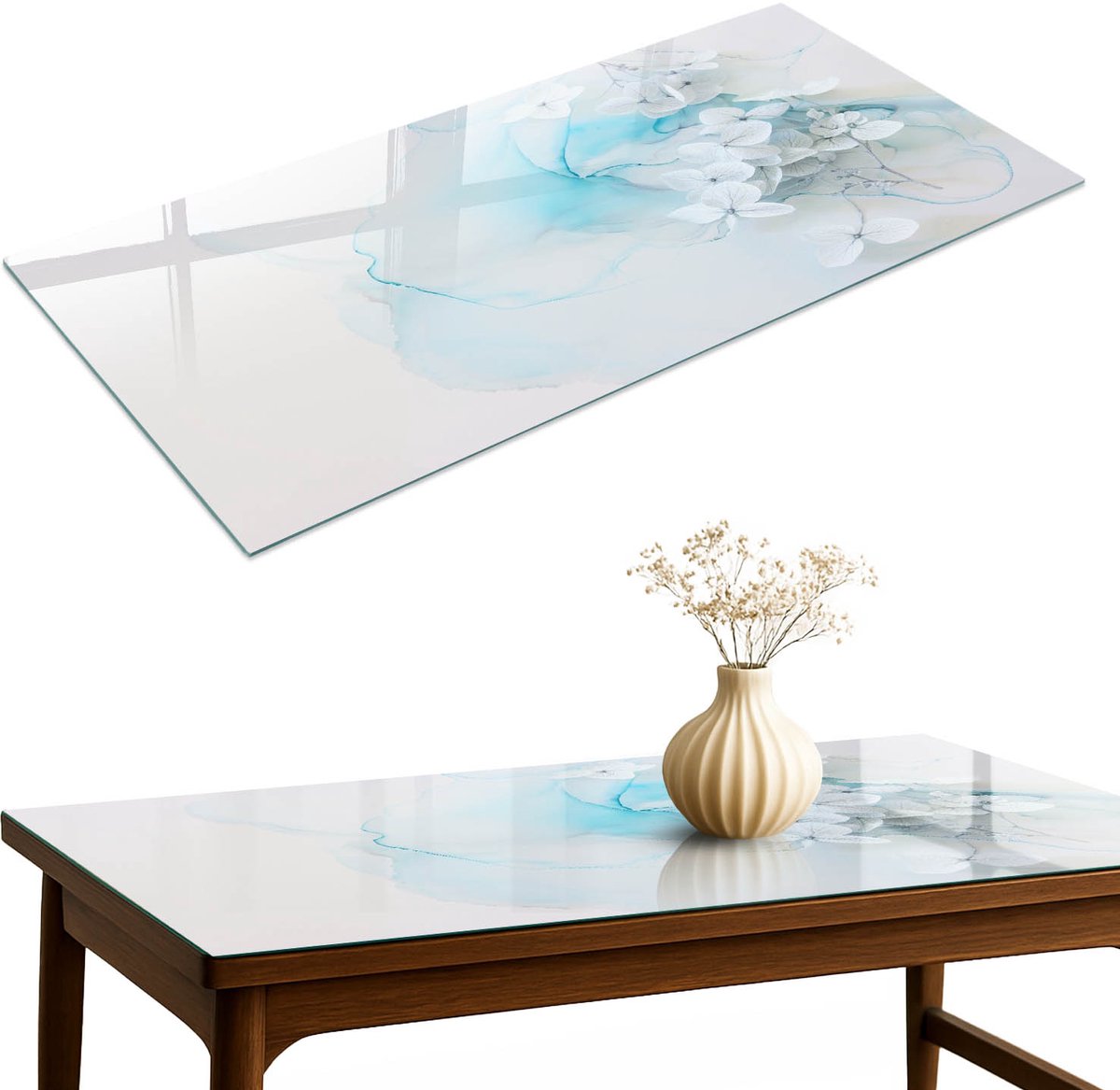 ArtPrintCave Abstracte bloemen Glazen Tafelblad 140x70 cm - Tafelblad Rechthoek - Blauw Glasplaat - Abstractie Keukentafel