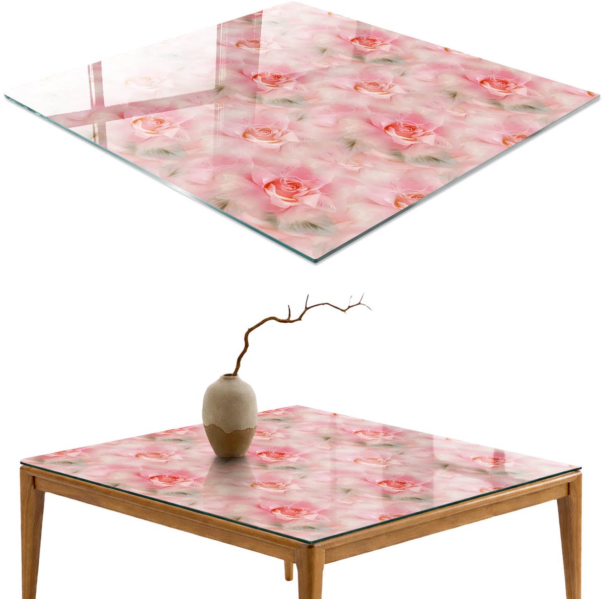 ArtPrintCave Rozenpatroon Glazen Tafelblad 60x60 cm - Tafelblad Rechthoek - Roze Bureaublad - Bloemen en planten Glazen Eettafel