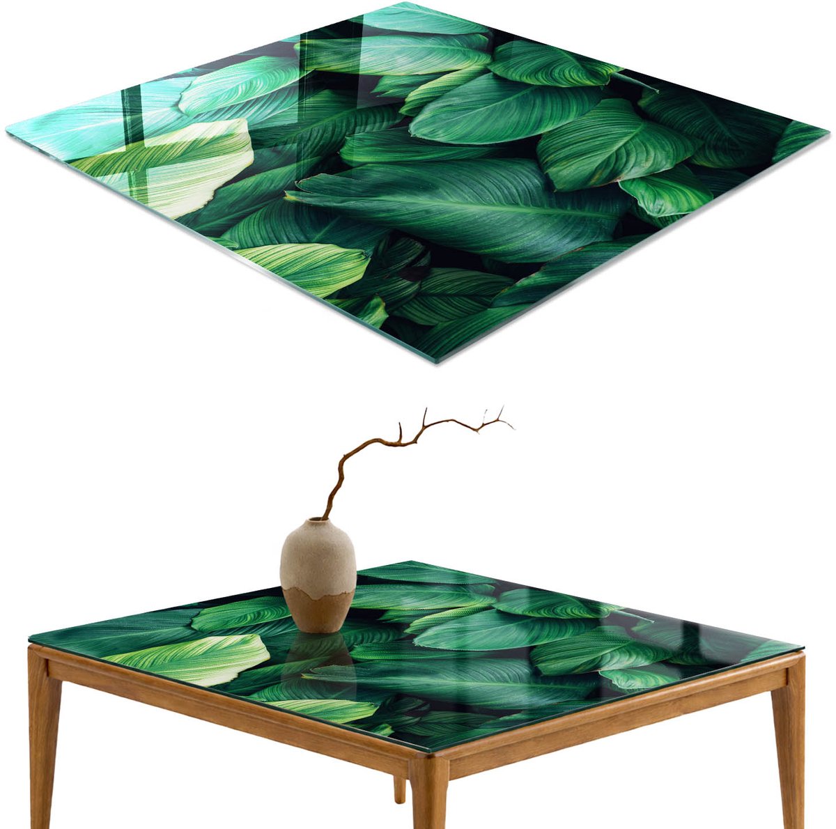 ArtPrintCave Groene bladeren Glazen Tafelblad 60x60 cm - Tafelblad Rechthoek - Groente Glazen Eettafel - Bloemen en planten Eettafel Met Glasplaat