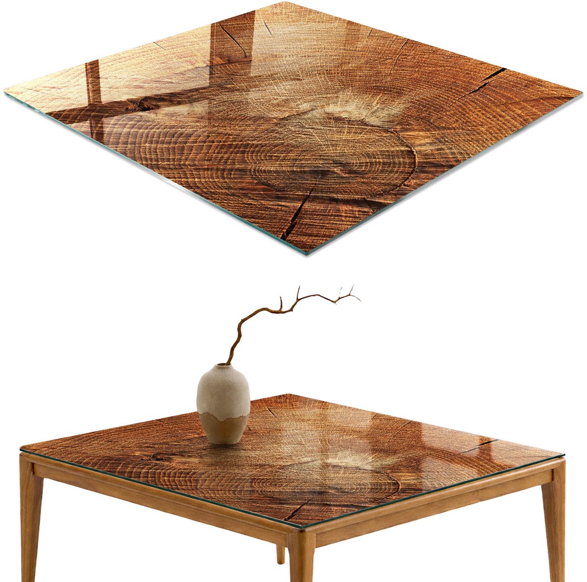 ArtPrintCave Houten ringen Glazen Tafelblad 60x60 cm - Tafelblad Rechthoek - Bruin Tafelblad Glas - Texturen Keukentafel
