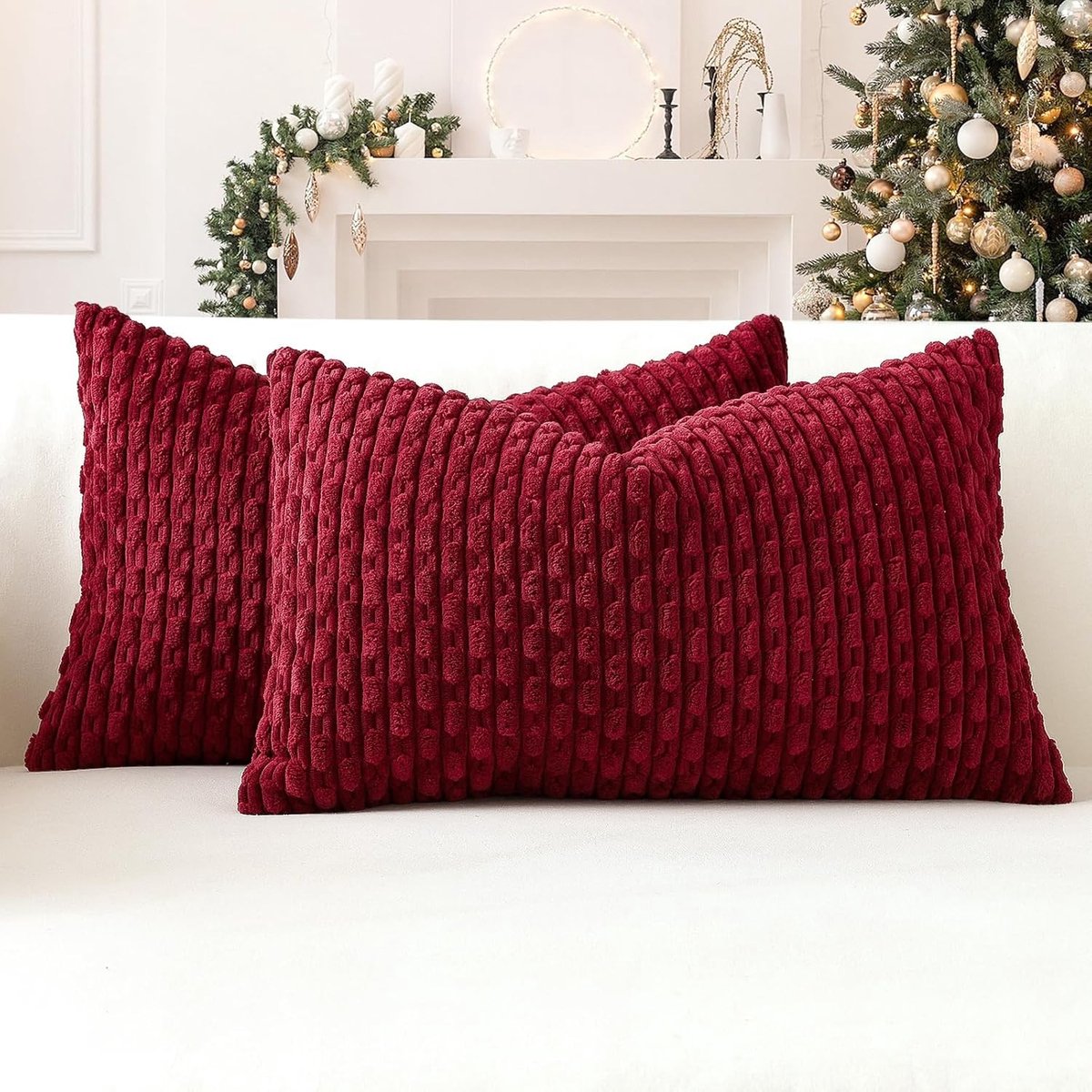 Set van 2 Wijnrode Zachte Corduroy Decoratieve Kussenhoezen met Boho Strepen voor Bank en Woonkamer - 40x60cm Kussenhoezen voor Huisdecoratie en Patio