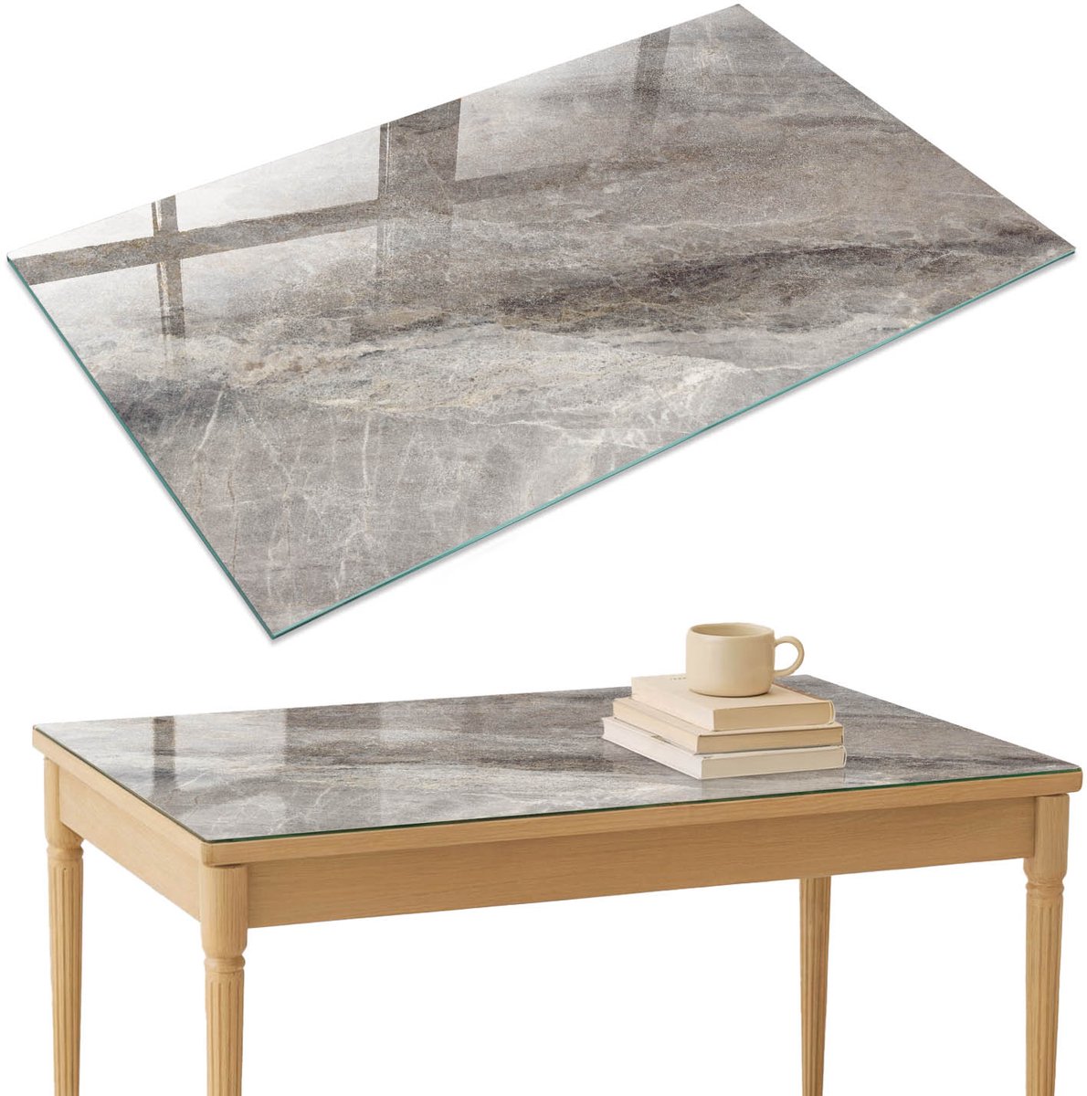 ArtPrintCave Steenstructuur Glazen Tafelblad 120x80 cm - Tafelblad Rechthoek - Grijs Glazen Eettafel - Teksten Eettafel Met Glasplaat