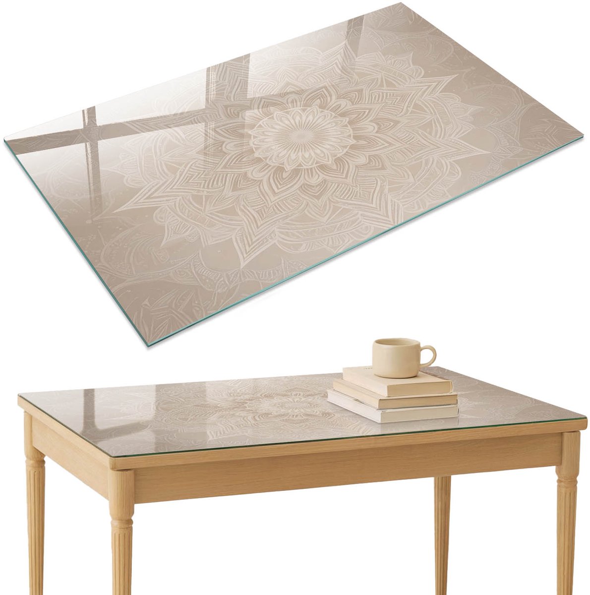 ArtPrintCave Mandala-patroon Glazen Tafelblad 120x80 cm - Tafelblad Rechthoek - Beige Keukentafel - Achtergronden en patronen Keukentafel