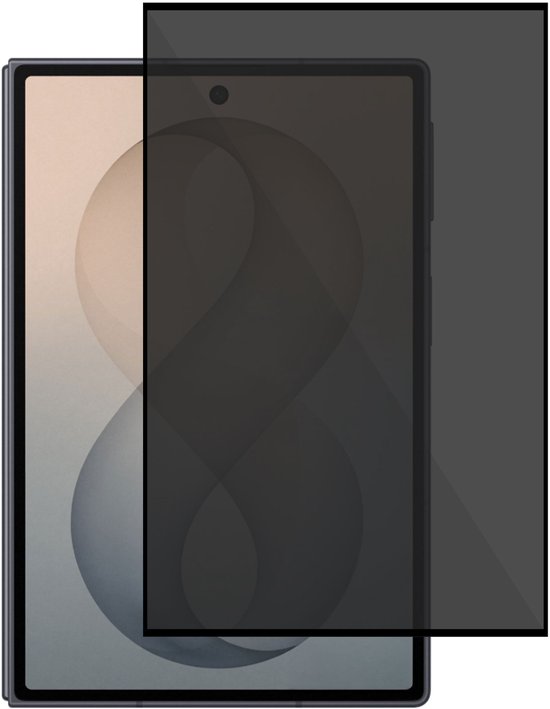 Privacy screenprotector met een grijs getint scherm geplaatst op een telefoon met lila patroon.