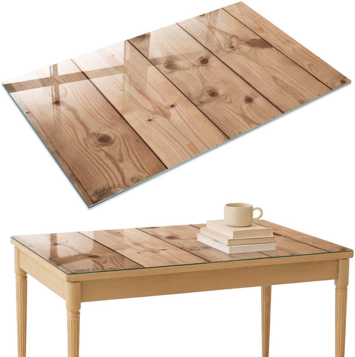 ArtPrintCave Houten panelen Glazen Tafelblad 120x80 cm - Tafelblad Rechthoek - Beige Tafelblad Glas - Texturen Glazen Eettafel