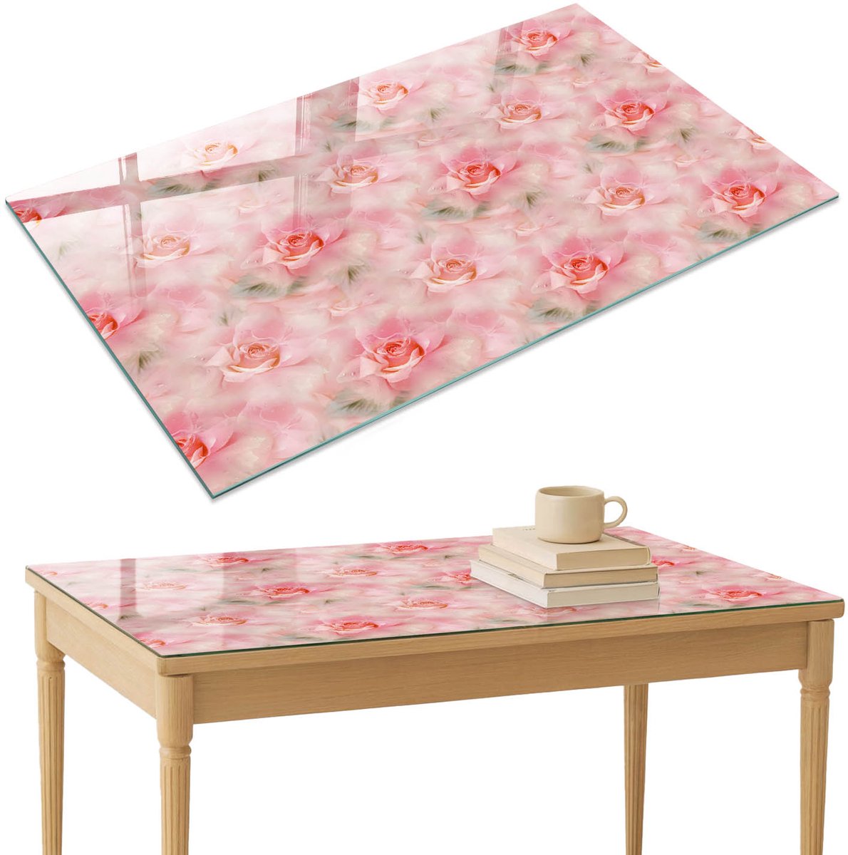 ArtPrintCave Rozenpatroon Glazen Tafelblad 120x80 cm - Tafelblad Rechthoek - Roze Keukentafel - Bloemen en planten Eettafel Met Glasplaat