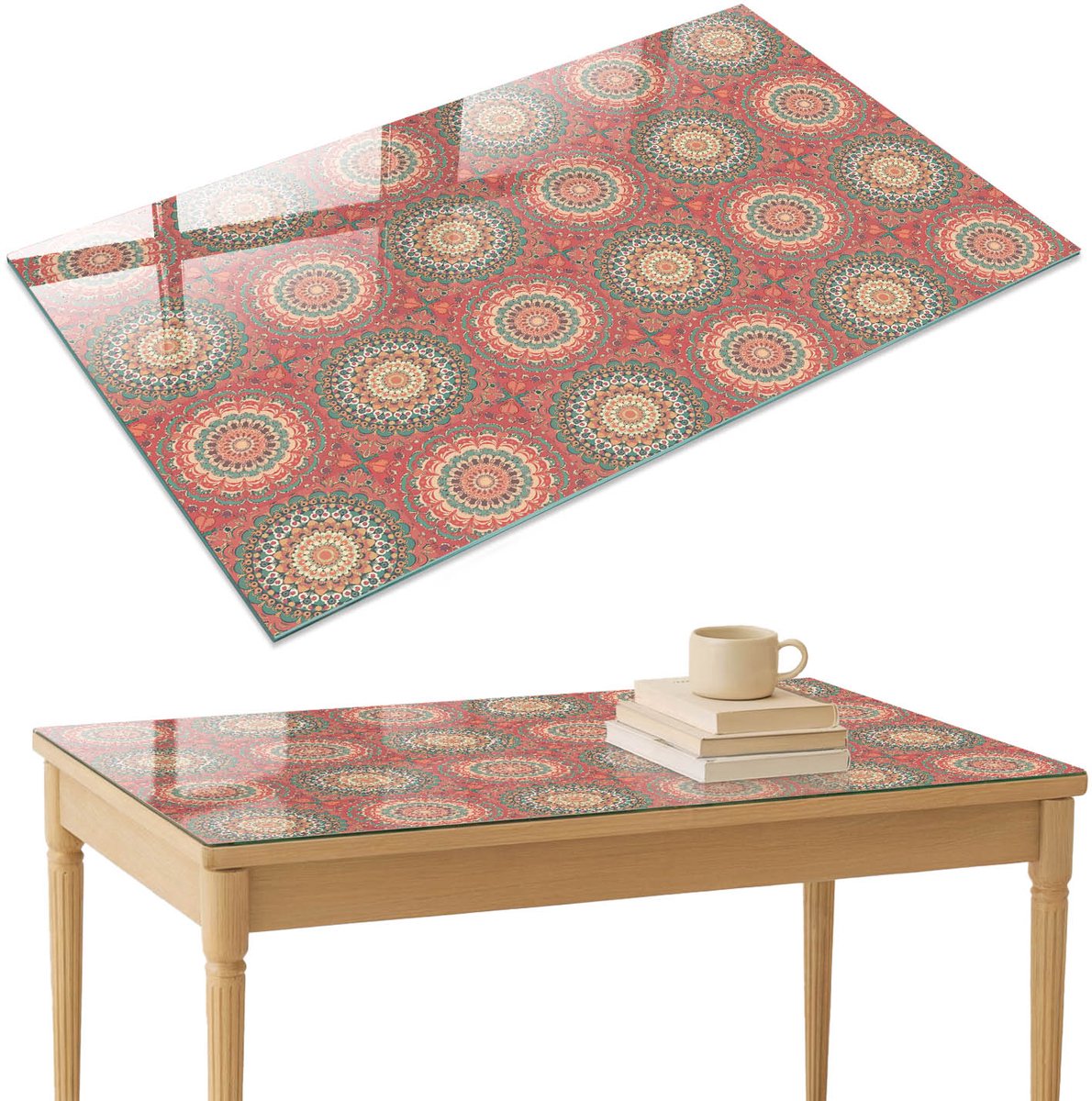 ArtPrintCave Mandala-decoratie Glazen Tafelblad 120x80 cm - Tafelblad Rechthoek - Rood Eettafel Met Glasplaat - Achtergronden en patronen Bureaublad