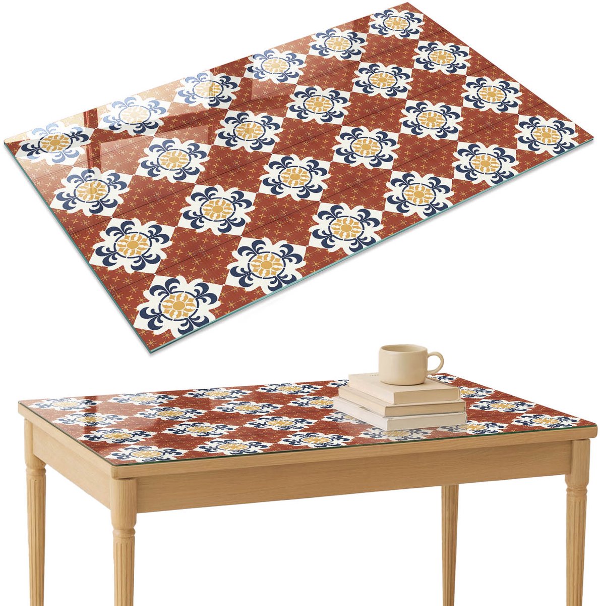 ArtPrintCave Elegant patroon Glazen Tafelblad 120x80 cm - Tafelblad Rechthoek - Rood Eettafel Met Glasplaat - Achtergronden en patronen Keukentafel