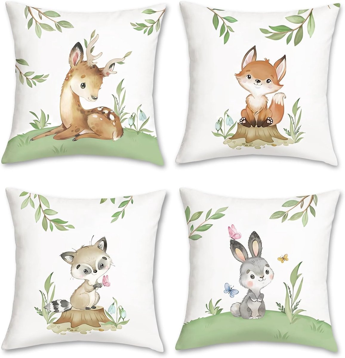 Decoratieve Kussenhoezen 45 x 45 cm met Dierenprint - Hert, Vos, Wasbeer en Konijn - Set van 4 voor Sofa, Bed en Kinderkamer Decoratie