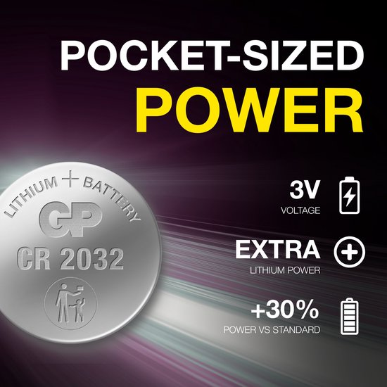 Zilveren knoopcelbatterij GP CR2032 met tekst "LITHIUM + BATTERY". 3V, Extra Lithium Power, +30% power.