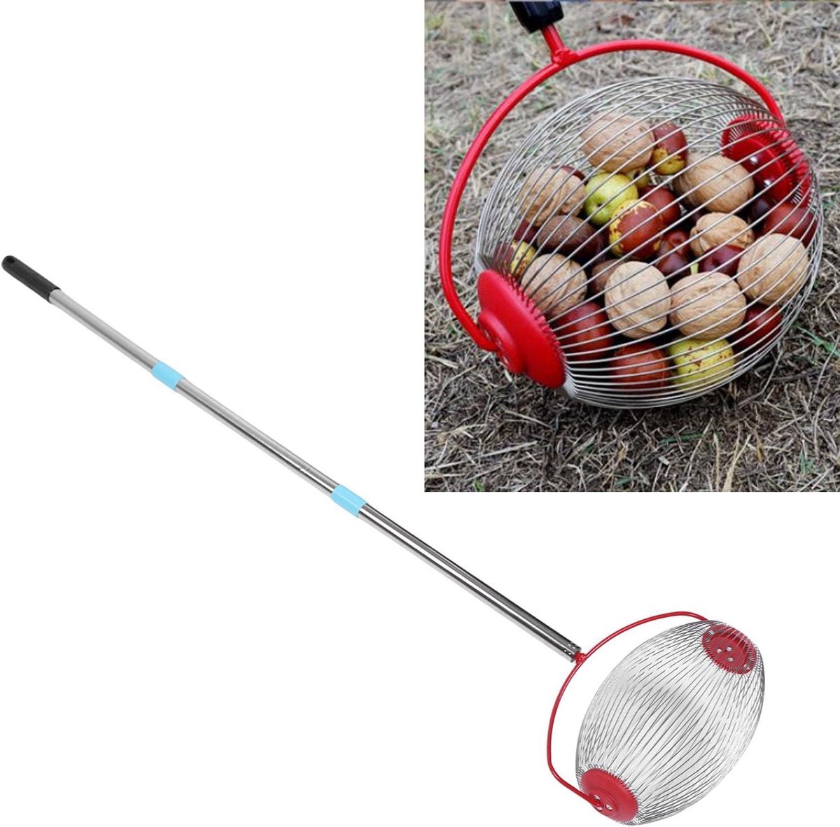 Notenverzamelaar Roestvrij Staal - Fruitplukker Walnoten - Snel Noten Verzamelen - Uitschuifbare Steel - 113 cm - Zilverkleurig